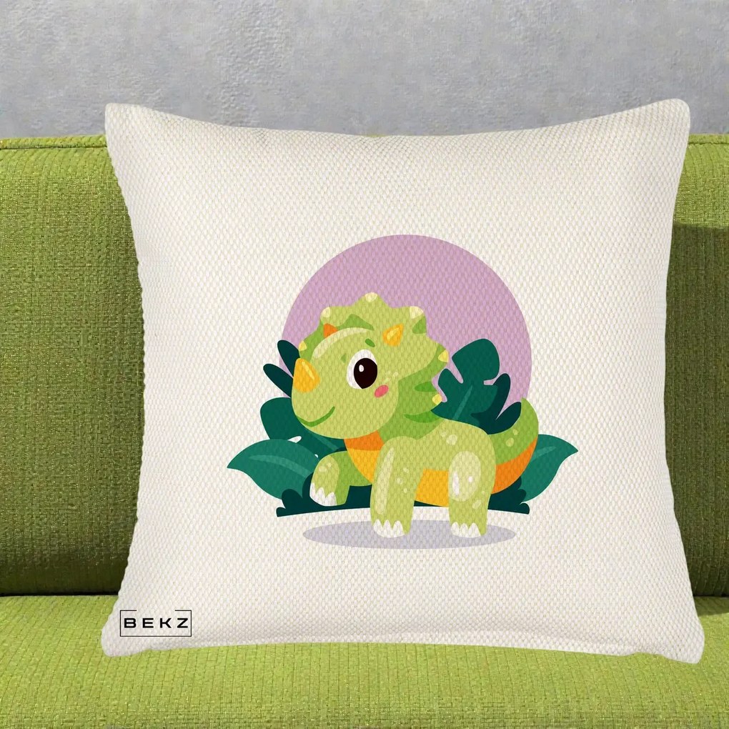 Perna Decorativa Triceratops Kawaii Verde, 40x40 cm, Crem Reliefat, Husa Detasabila, Perna Inclusa, BEKZ®