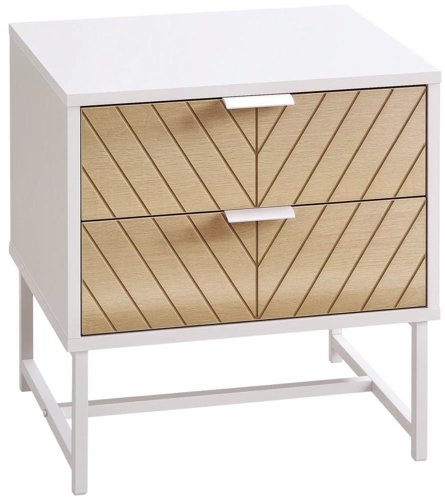 HOMCOM Noptieră cu 2 sertare și picioare din oțel masă auxiliară pentru living dormitor 45x39x48cm alb și stejar | Aosom Romania