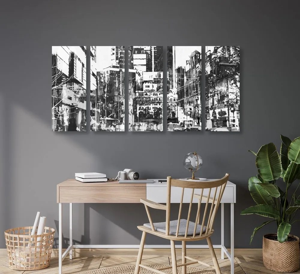 Tablou 5-piese panoramă abstractă a orașului în design alb-negru