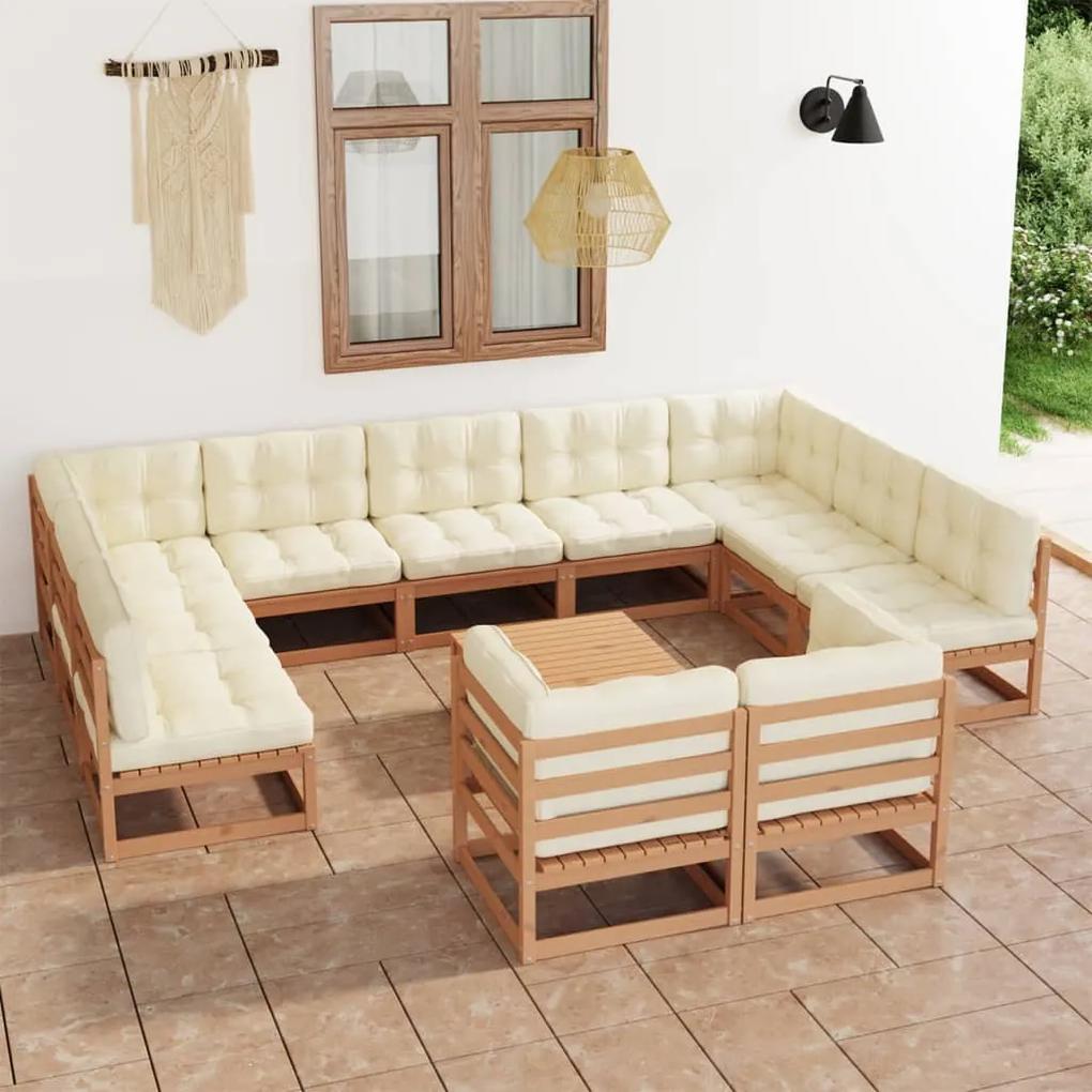 3077272 vidaXL Set mobilier grădină cu perne, 12 piese, maro, lemn masiv pin