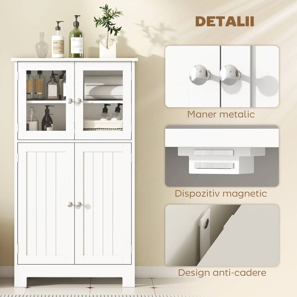 kleankin Mobile Bagno con 2 Armadietti e Ante in Vetro, Mobiletto Bagno Salvaspazio con Ripiano Regolabile, Armadietto da Terra per Sala da Pranzo, Salotto, Soggiorno, Cucina, 60x30x108.5 cm, Bianco | Aosom Romania