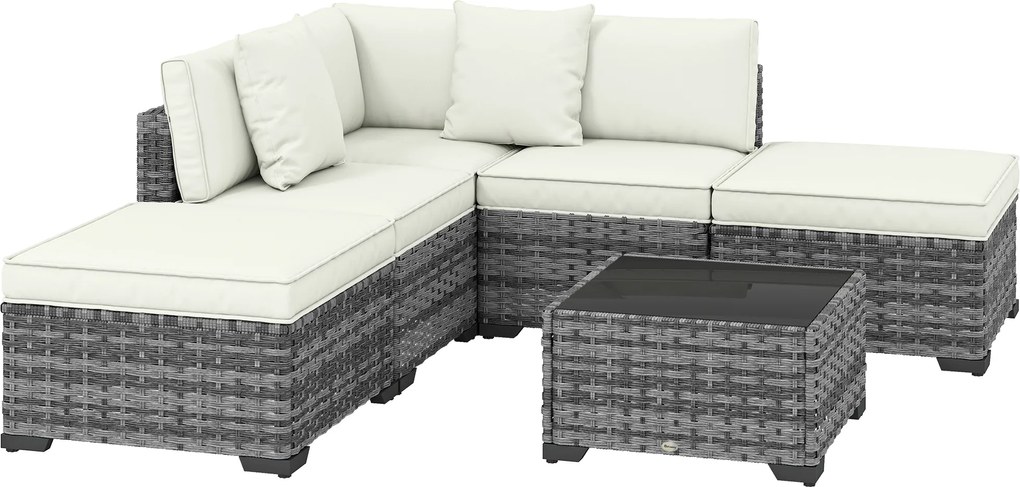 Outsunny Set Mobilier de Grădină din Ratan, 6 Piese, Fotoliu Colțar, Canapele fără Brațe, Suporturi pentru Picioare și Măsuță, Gri Amestecat | Aosom Romania