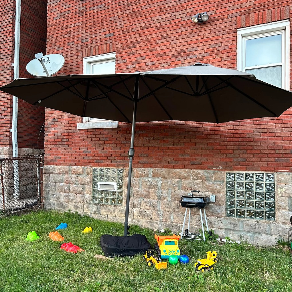 Outsunny Umbrelă de grădină exterioară, umbrelă dublă rectangulară 4,6L x 2,7l x 2,4H m cu deschidere și închidere cu manivelă, saci de greutate și bază incluse, pentru balcon, piscină, gri | Aosom Romania