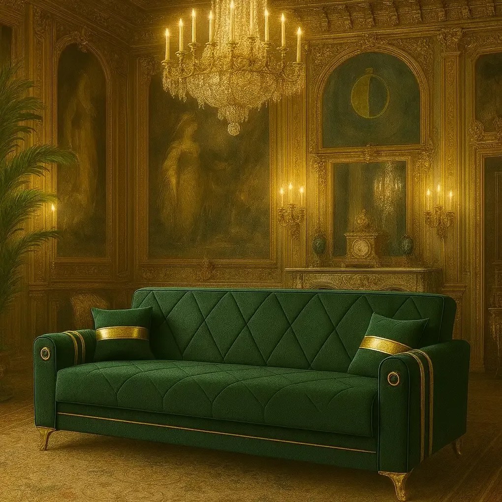 Canapea extensibila cu lada de depozitare 220x87x93 cm , detalii aurii,verde – Camara