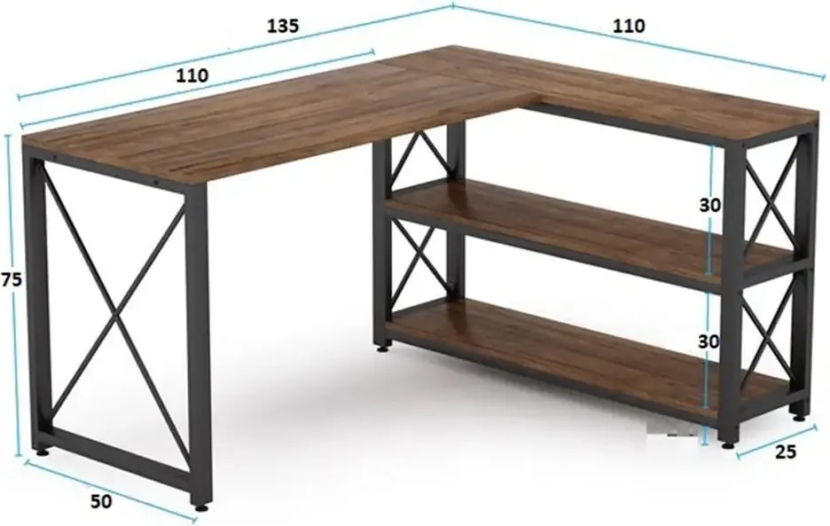 Birou Oscar, culoare nuc si negru, 135+110x75 cm