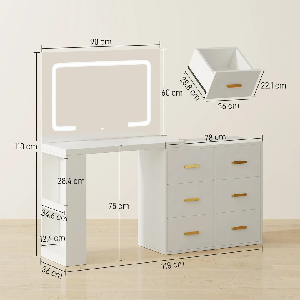 HOMCOM Stație de Machiaj cu Lumini LED, 3 Culori, Luminozitate Reglabilă, Toaletă Convertibilă cu Prize Electrice, 6 Sertare Soft Close, Oglindă, Rafturi Deschise, pentru Dormitor, Alb | Aosom Romania