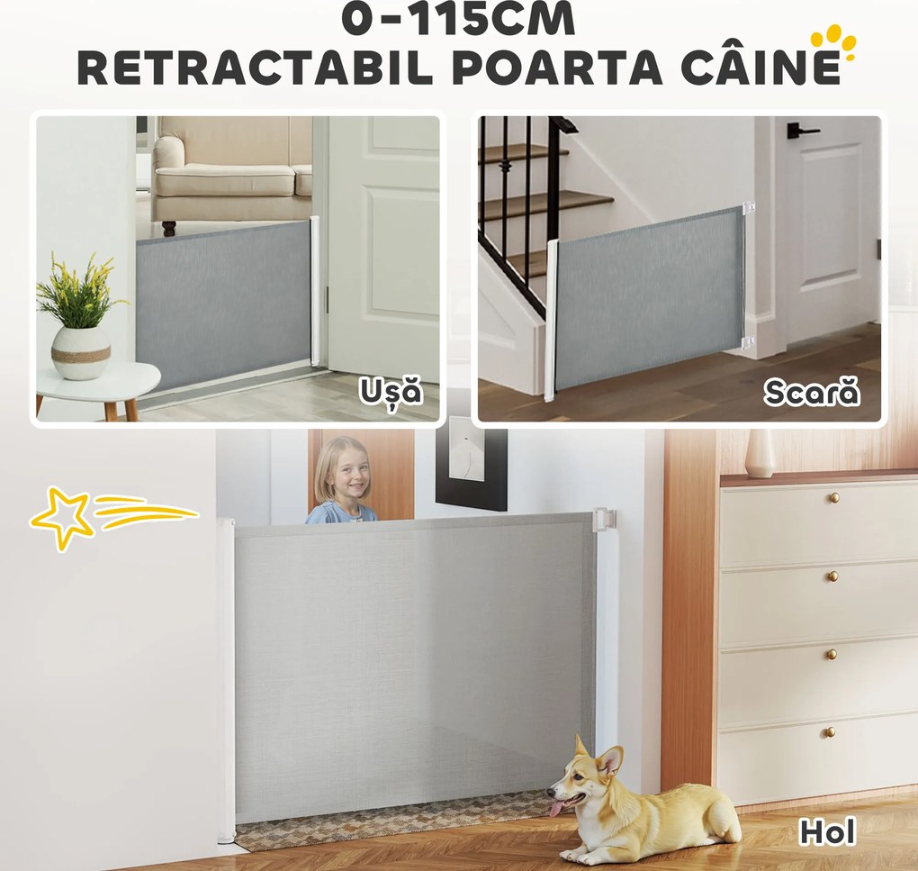 PawHut Poartă Extensibilă pentru Câini până la 115 cm, Alb și Gri | Aosom Romania