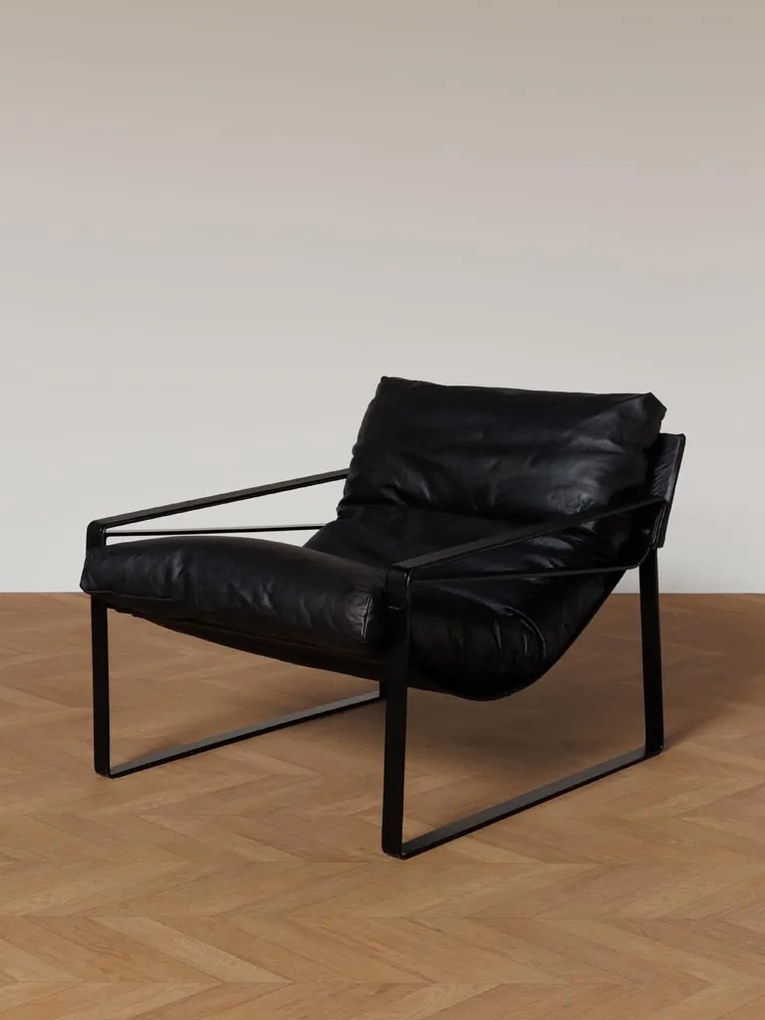 Fotoliu lounge din piele naturală neagră cu structură metalică, „Gabor”