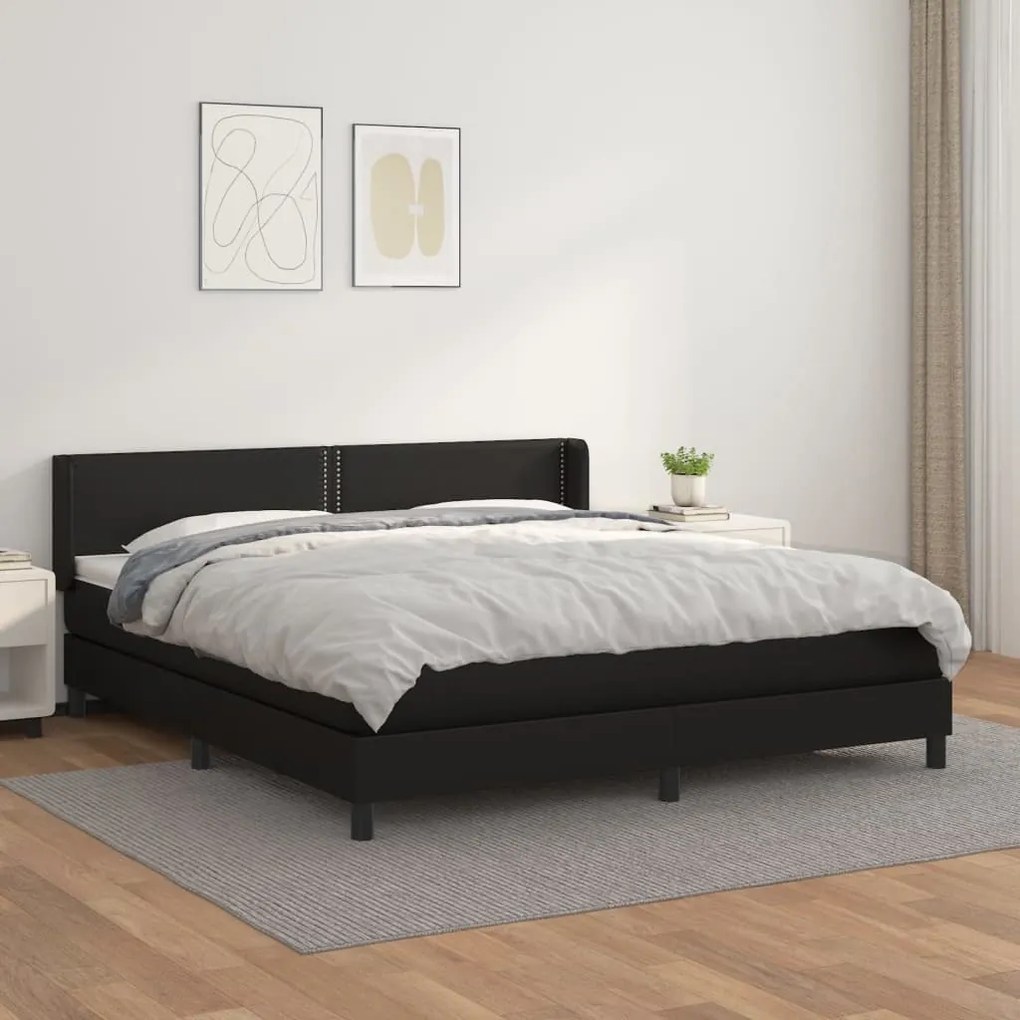 Pat box spring cu saltea, negru, 160x200 cm, piele ecologica Negru, 160 x 200 cm, Culoare unica si cuie de tapiterie