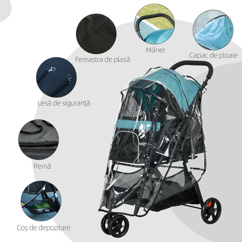 PawHut Cărucior pentru Câini cu 3 Roți, Cărucior Pliant cu Husă de Ploaie, Coș și Curea, 80,5x51,5x100 cm, Verde Închis | Aosom Romania
