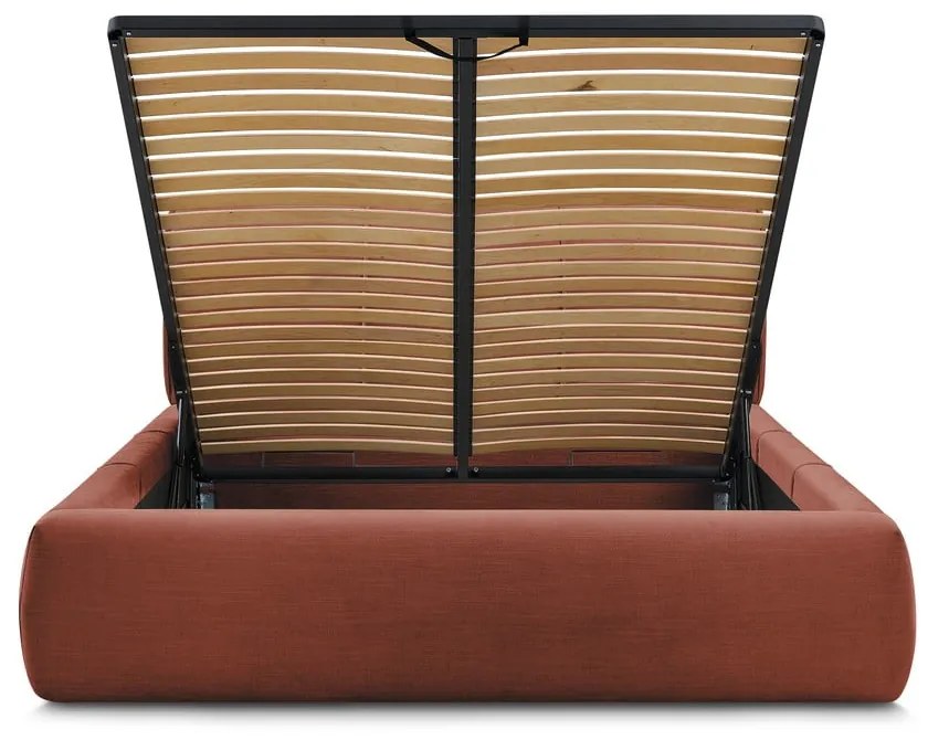 Pat matrimonial portocaliu tapițat cu spațiu de depozitare și somieră 180x200 cm Vernon – Bobochic Paris