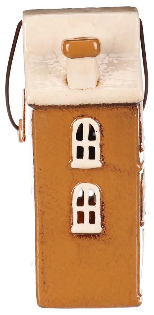 Suport de lumânare Casa cu mâner, maro, ceramică, 13 x 10 x 37 cm