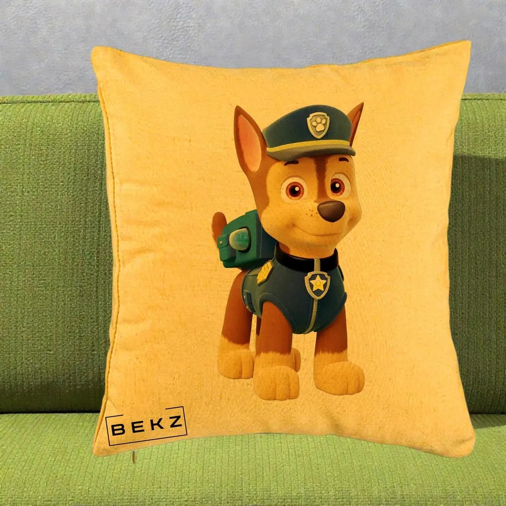 Perna Personalizata Chase PAW Patrol Albastru, 40x40 cm, Galben, Husa Detasabila, Perna Inclusa, BEKZ®