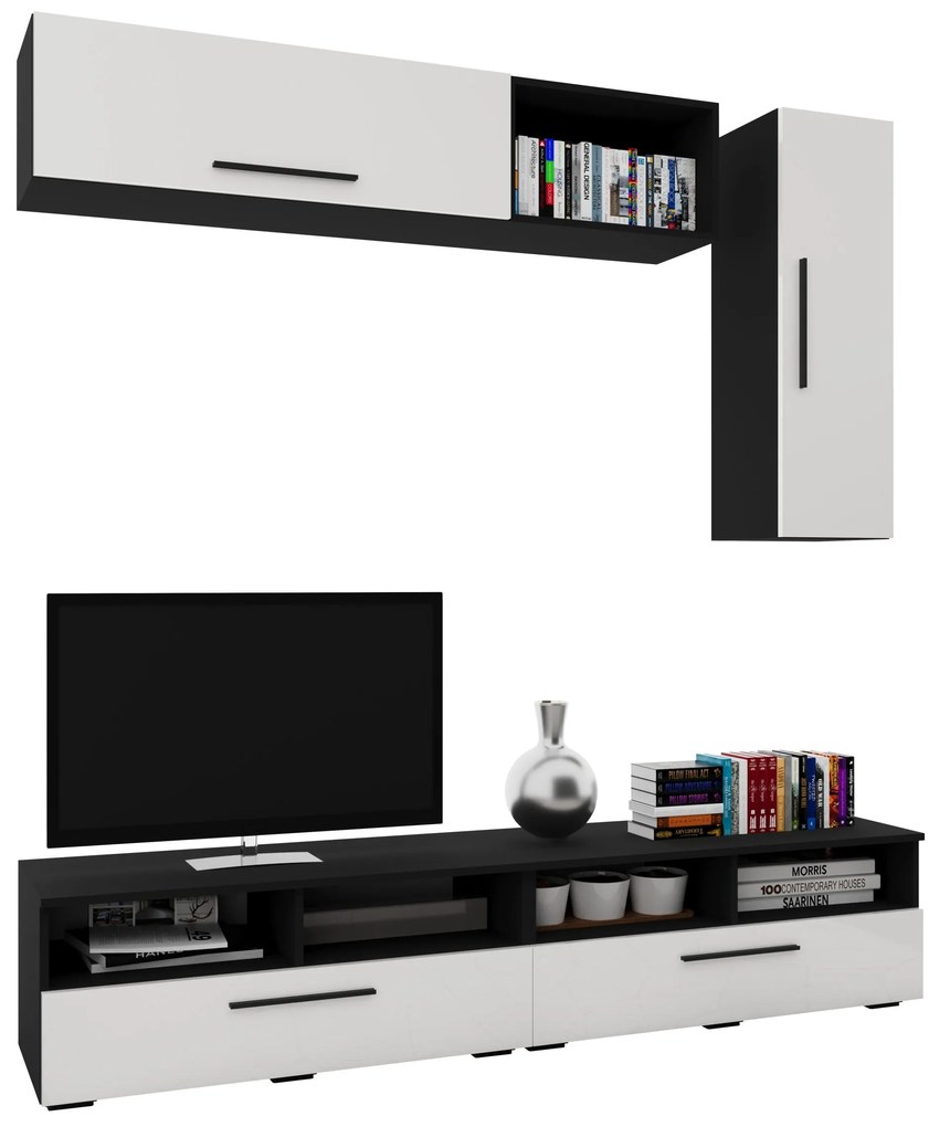 Living Kos V13, Negru/Alb Lucios, MDF, L 190 cm