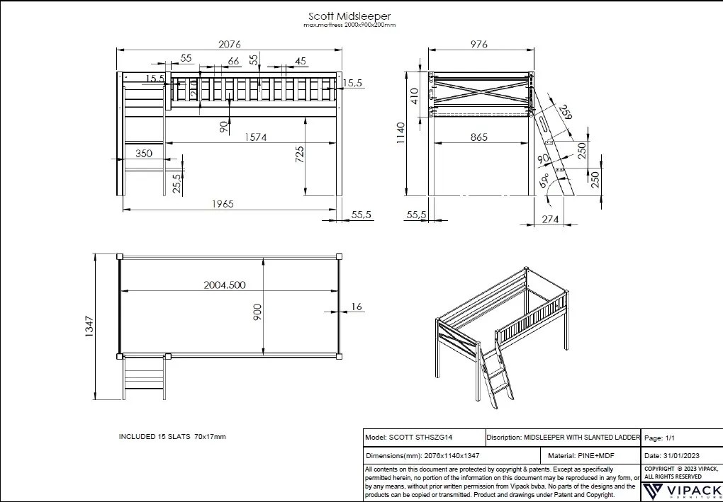 Pat semi-supraetajat pentru copii SCOTT, alb, 90 x 200 cm, din pin scandinav masiv, cu scară, opțional cu sertare pentru depozitare și textil ASTRO –
