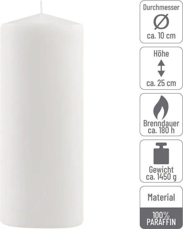 Set de lumânări tip pilon, 25 cm, Ø 10 cm, alb, 2 buc
