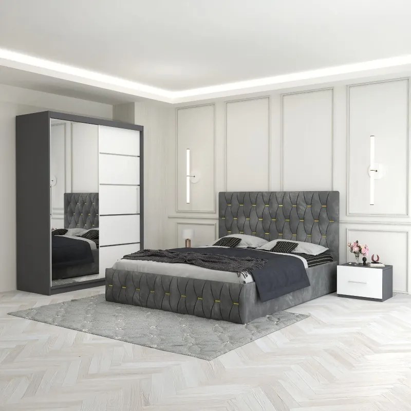 Set Mobila De Dormitor Eric Gri 2, pat tapitat 160x200cm,  dulap cu oglinda 150x210cm, noptiere