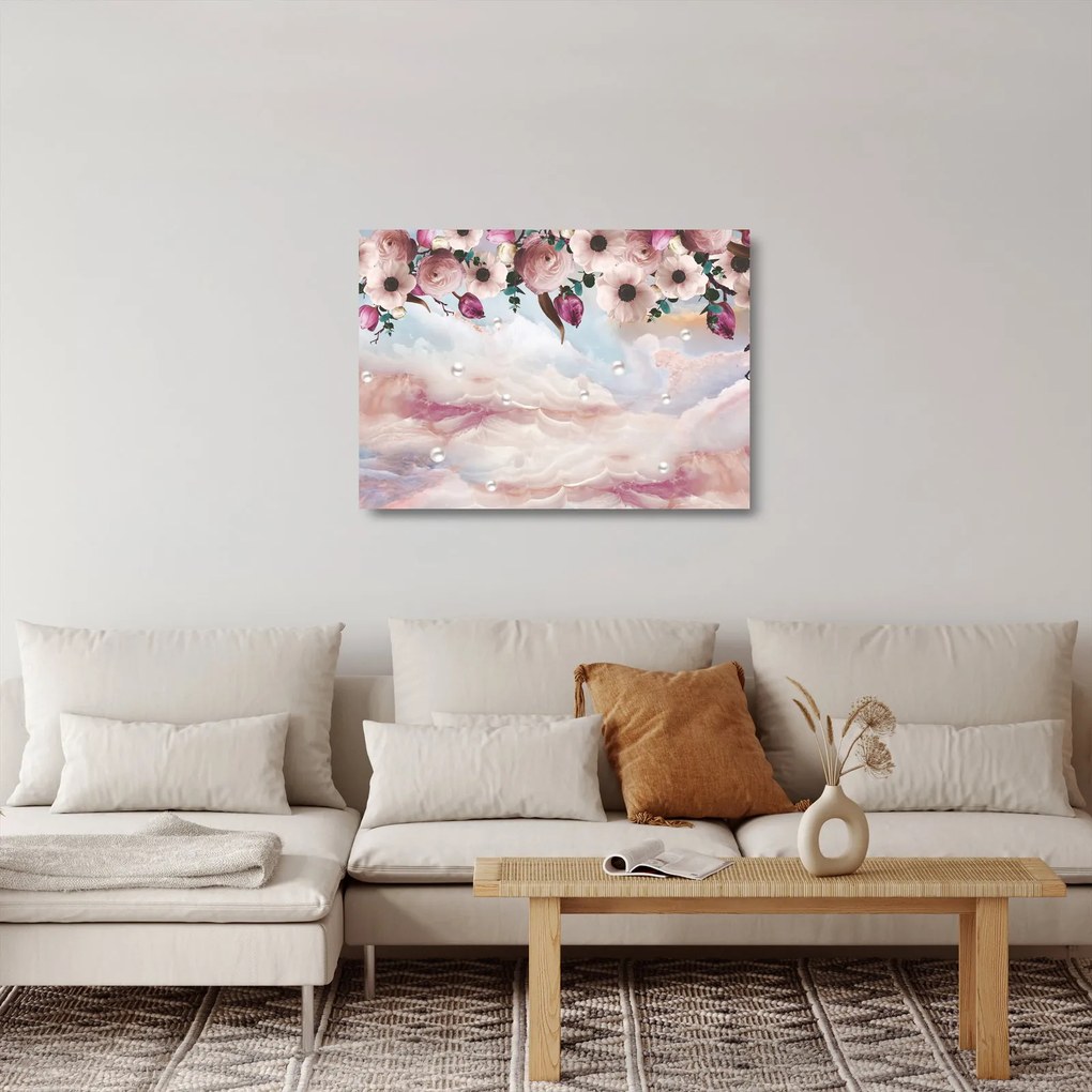 Tablou pe sticlă - Flori roz și marmură roz (70x50 cm)