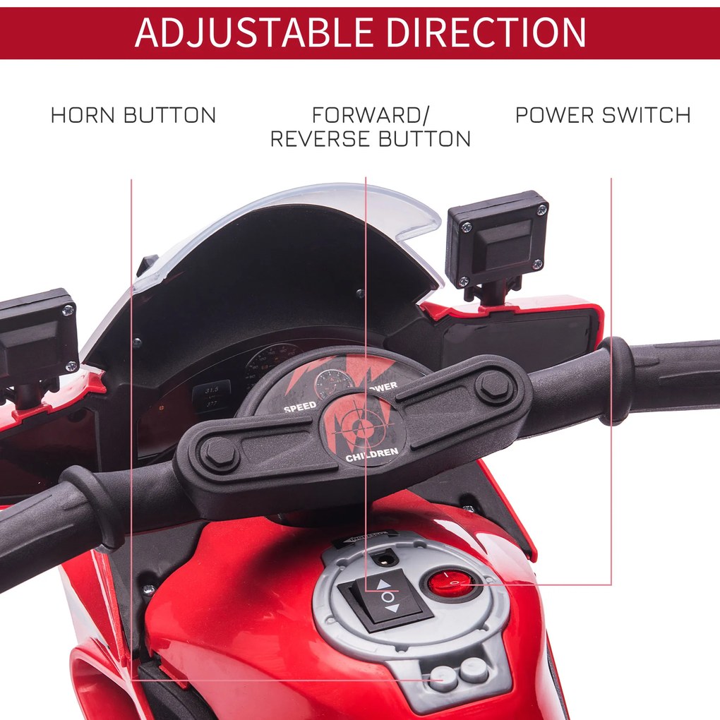 HOMCOM Motocicleta electrica pentru copii, cu sirena de politie si faruri, Viteza 3km/h si Baterie 6V Reincarcabila, 69x39x43cm, Rosu