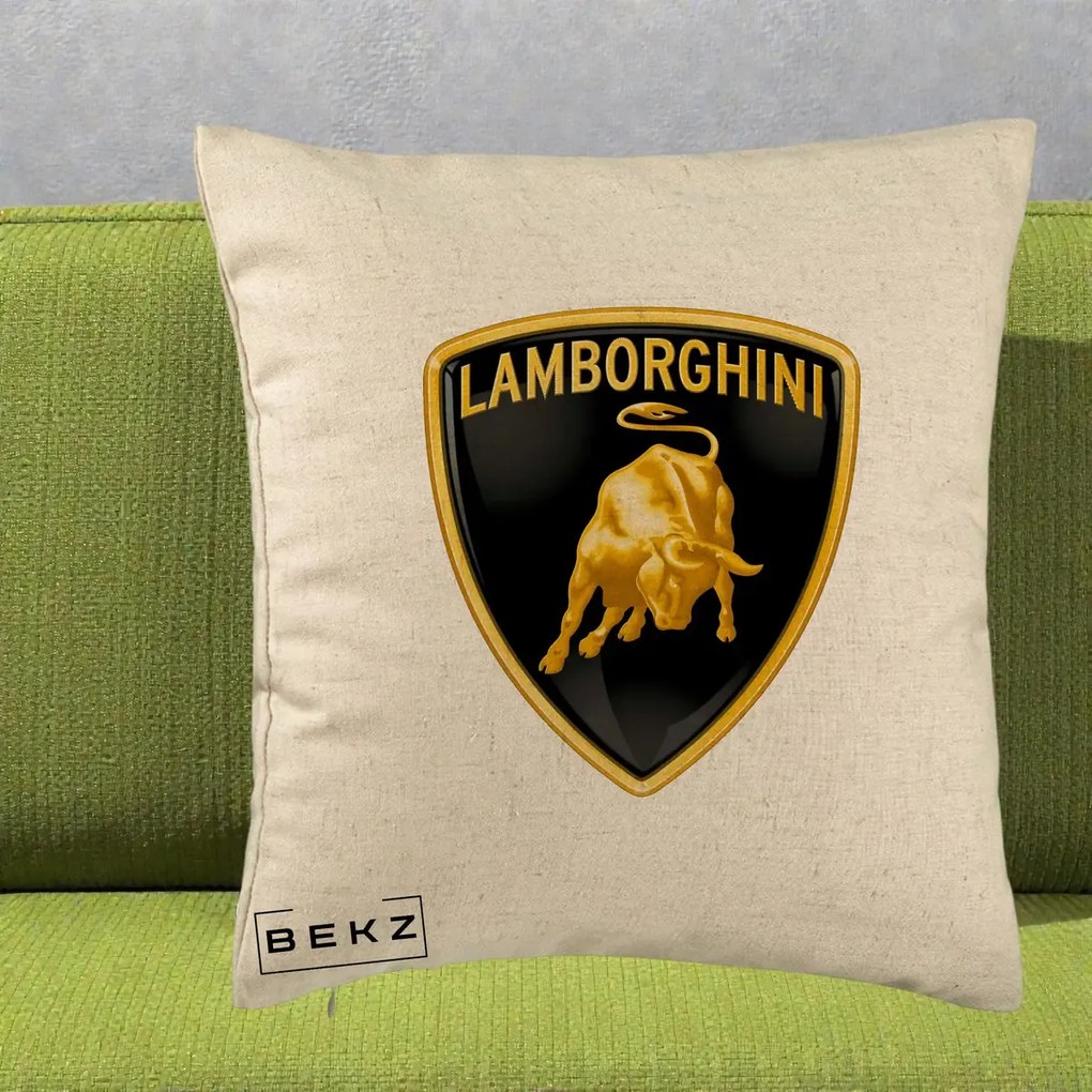 Perna Personalizata cu emblema Lamborghini, 40x40 cm, Bej, Husa Detasabila, Perna Inclusa, BEKZ®