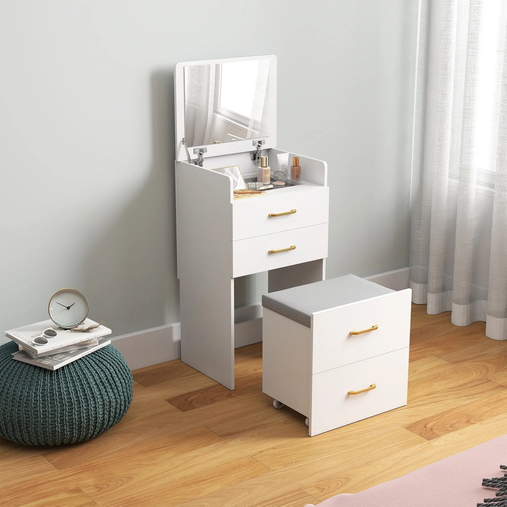 HOMCOM Masuta de Toaleta 3-in-1 cu Oglinda, Masuta de Noapte, Scaun cu Rotile, Sertare, Alb | Aosom Romania