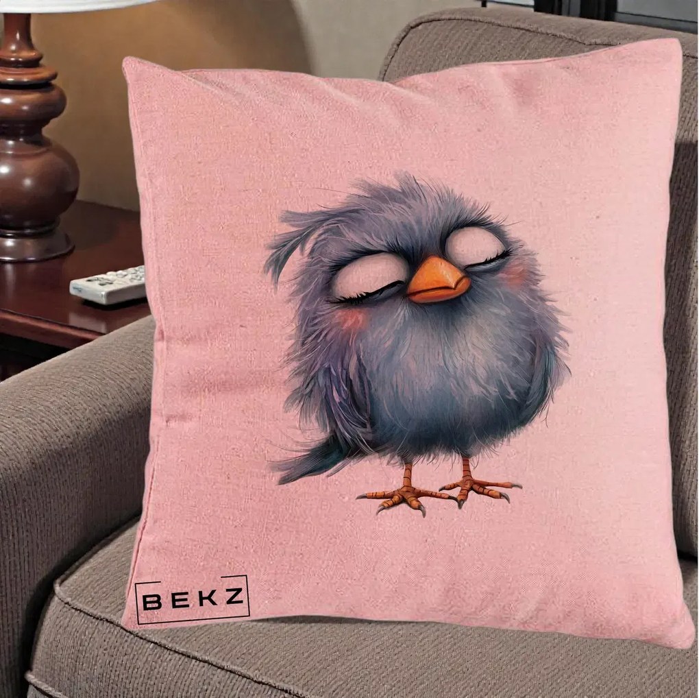 Perna Decorativa Pui Pufos Albastru Adormit, 40x40 cm, Roz, Husa Detasabila, Perna Inclusa, BEKZ®