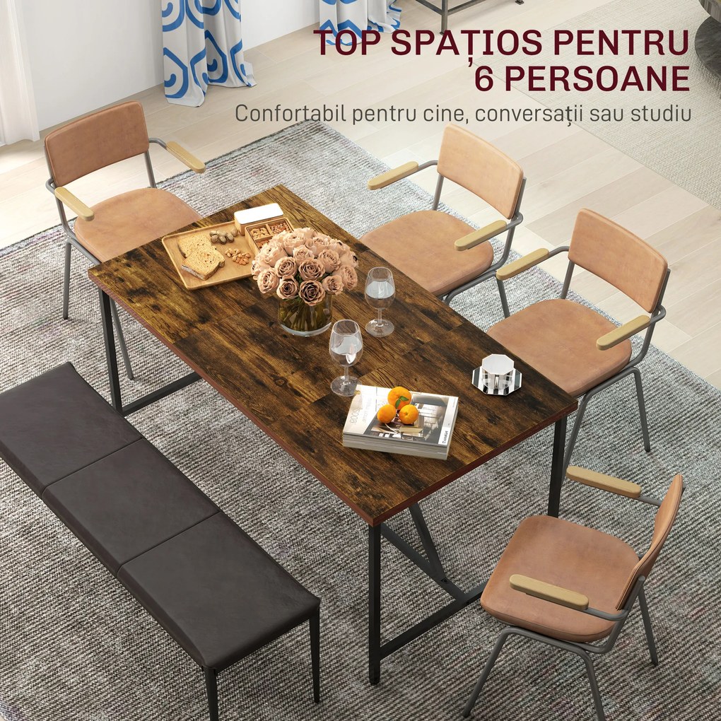 HOMCOM Masă Dreptunghiulară pentru 6 Persoane în Stil Industrial cu Picioare Reglabile din Lemn și Oțel, 150x80x75 cm, Maro | Aosom Romania