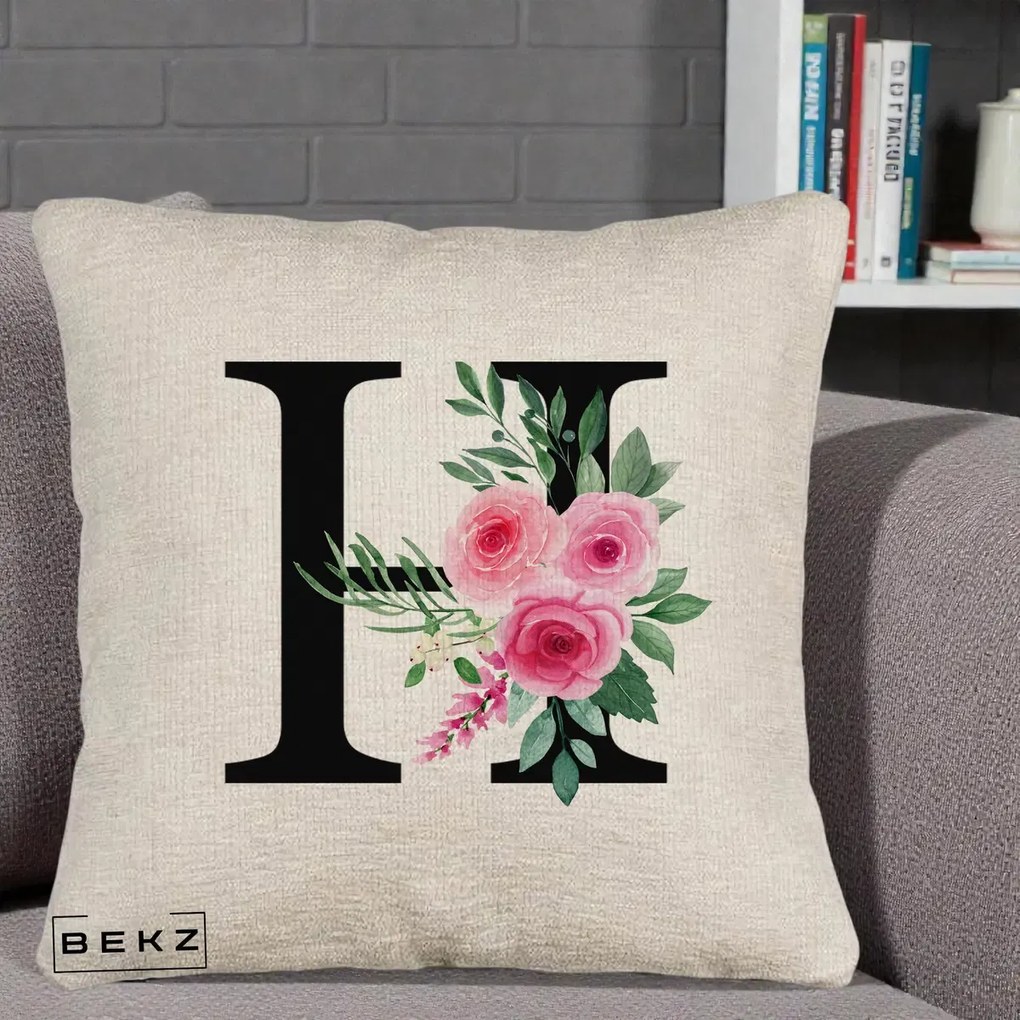 Cadou Personalizat - Perna Personalizata Monograma Florala Litera H cu Trandafiri Roz, 40x40 cm, Bej Canapea, Husa Detasabila, Perna Inclusa, BEKZ®