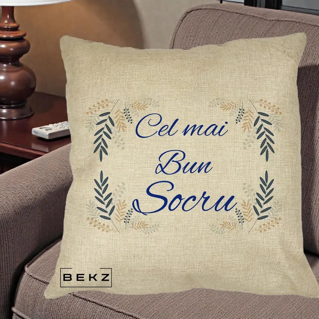 Cadou pentru Socru - Perna Personalizata Cel mai Bun Socru cu Ramuri Frunze Albastre si Aurii, 40x40 cm, Crem, Husa Detasabila, Perna Inclusa, BEKZ®