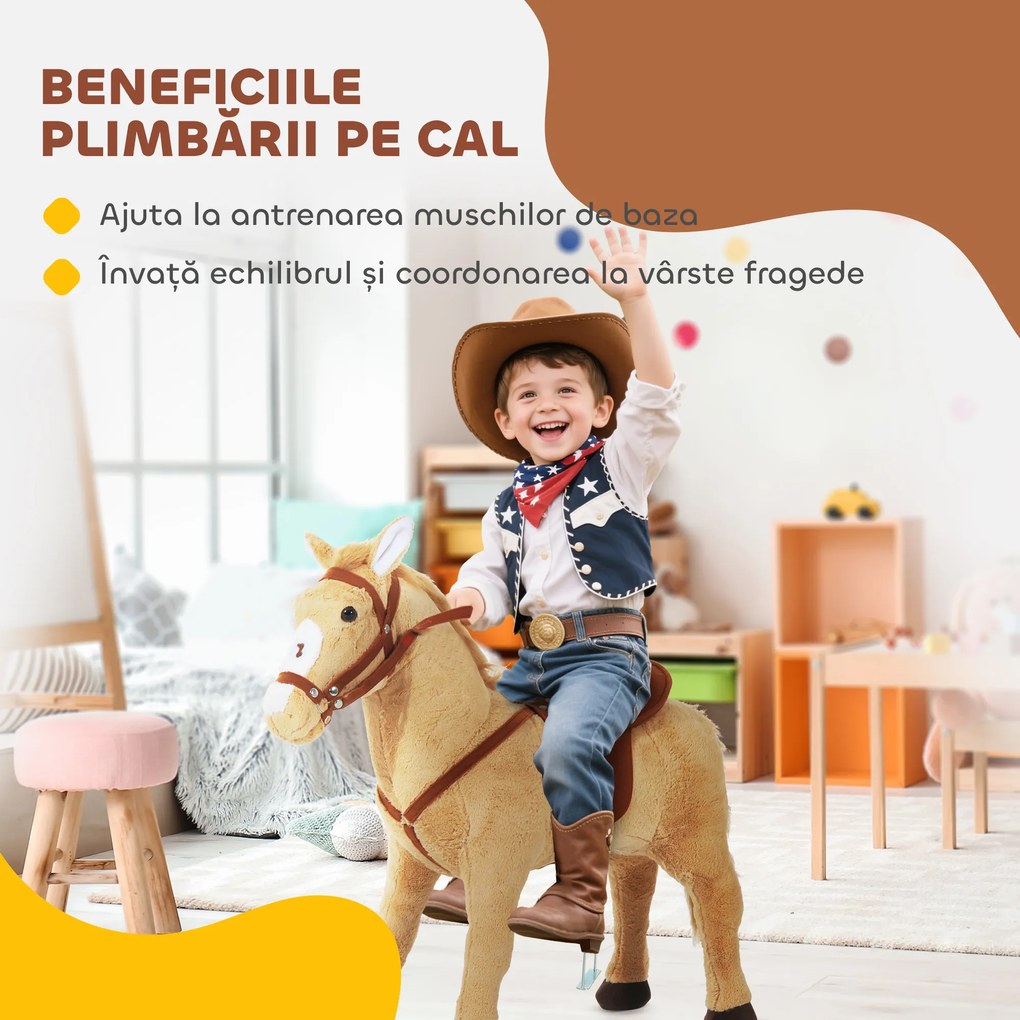 HOMCOM Cal balansoar din pluș pentru copil de la 2 ani, cu efecte sonore, șa și bride 85 cm (lungime) bej | Aosom Romania