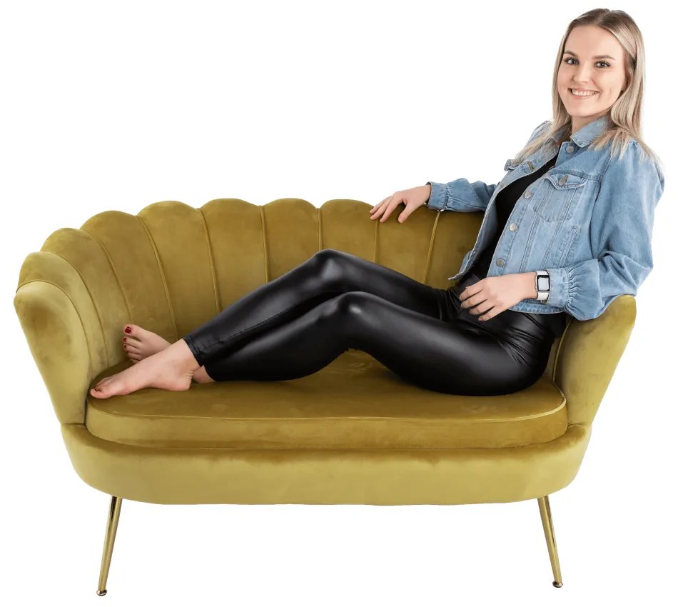 Bancă în stil Art-deco, catifea Velvet muştar/crom auriu, NOBLIN