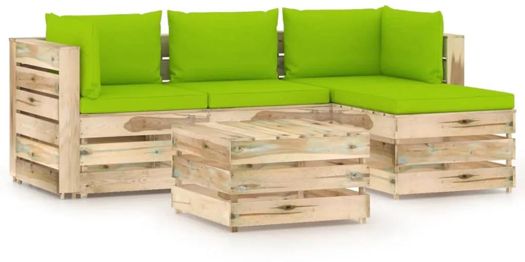 Set mobilier de gradina cu perne, 5 piese, lemn verde tratat bright green and brown, 5