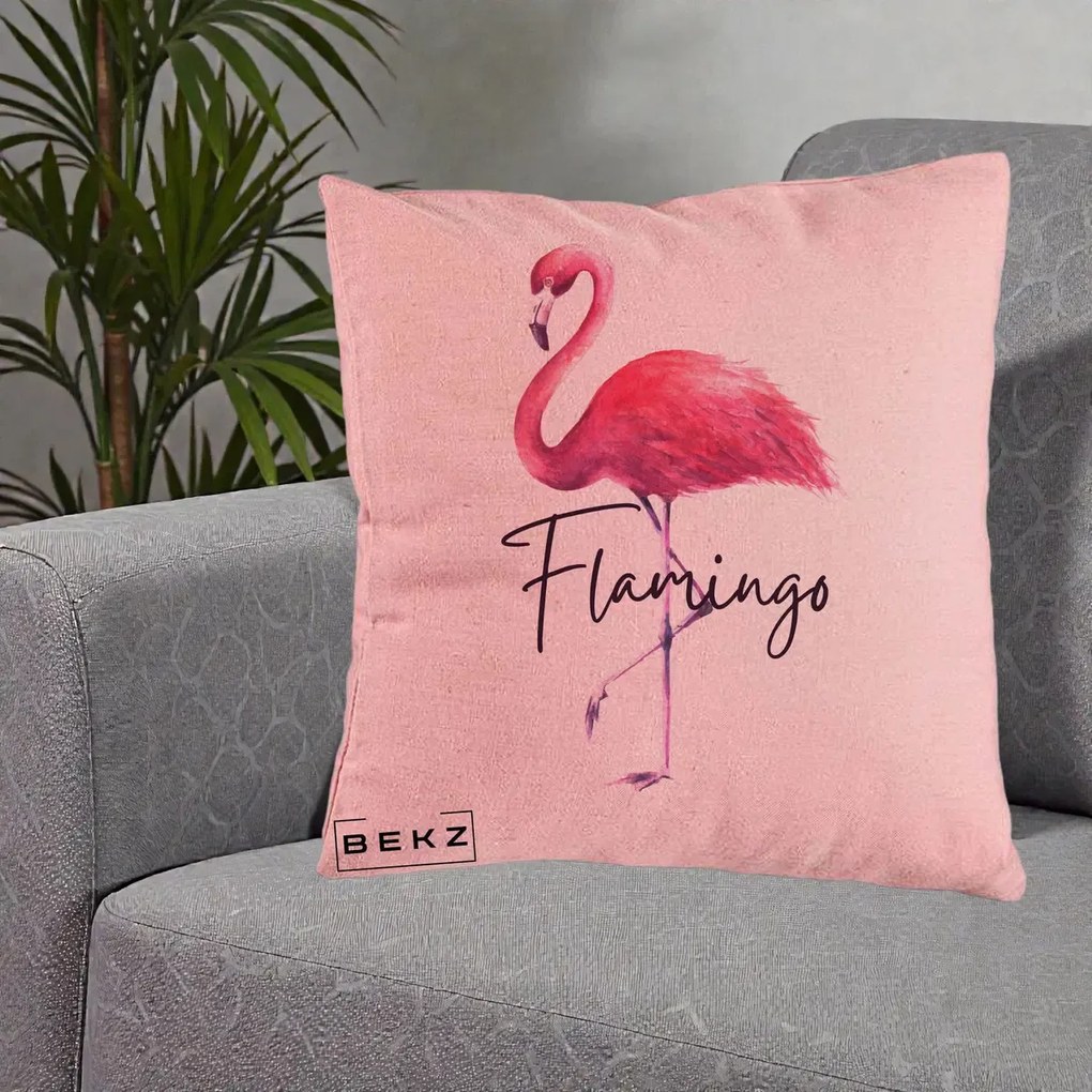 Perna Decorativa Flamingo Acuarela, 40x40 cm, Roz, Husa Detasabila, Perna Inclusa, BEKZ®