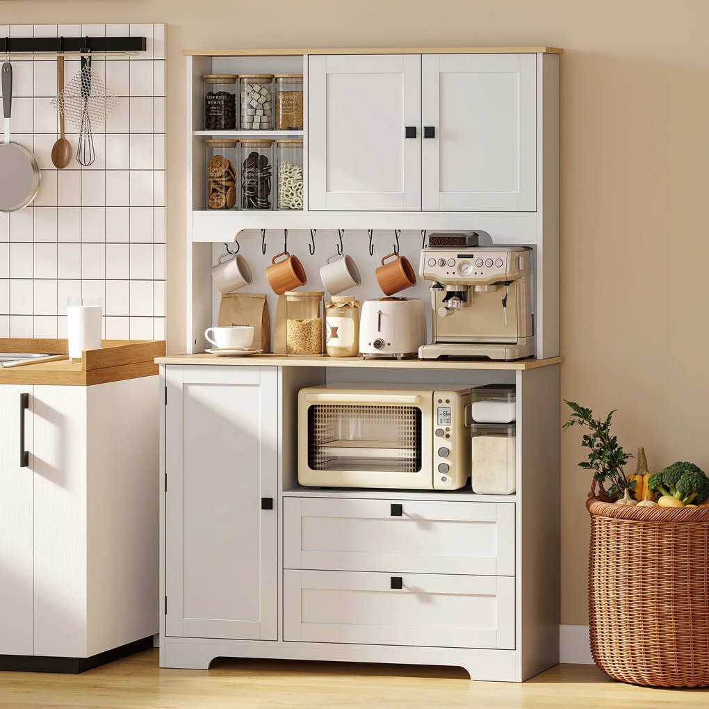 HOMCOM Bufet de Bucătărie Înalt 162 cm, Mobilier de Depozitare cu 2 Dulapuri, 2 Sertare, Suport Condimente, Orificii pentru Cabluri, Rafturi Reglabile, Blat pentru Cuptor cu Microunde, Suporturi pentru Cești, Alb | Aosom Romania