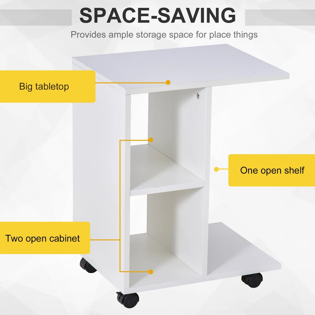 HOMCOM Masa Livingroom cu 2 rafturi deschise si 4 roti pivotante, PAL, 45x35x58cm, alb | Aosom Romania