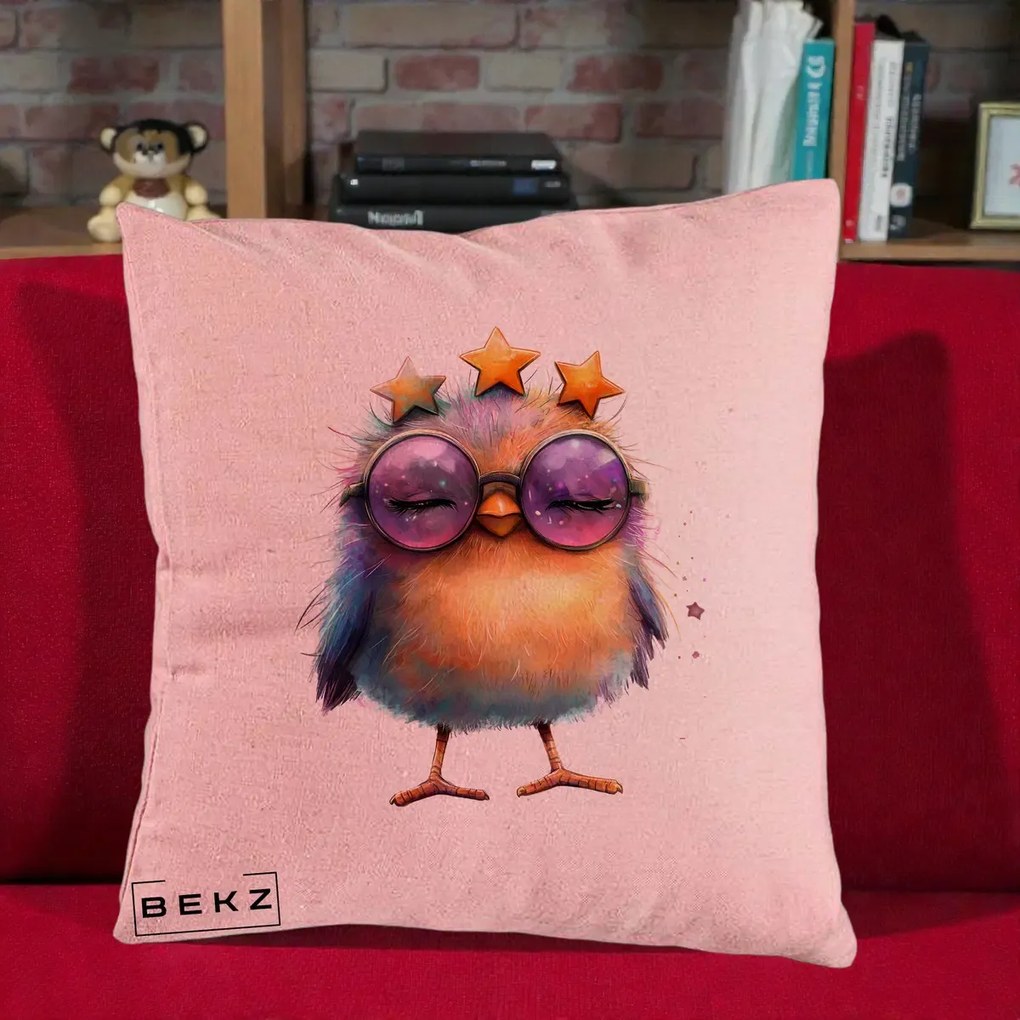 Perna Decorativa Pui Pop Star cu Ochelari Stele Violet, 40x40 cm, Roz, Husa Detasabila, Perna Inclusa, BEKZ®