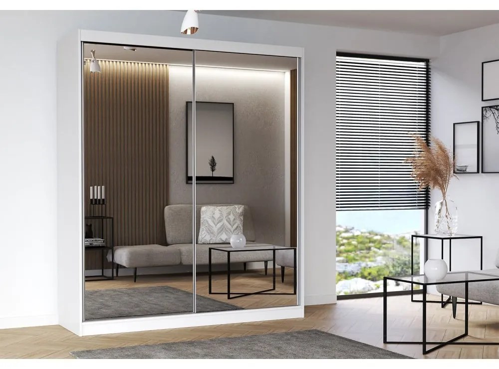 Dulap MULTI 20, usi glisante, oglinda, 6 rafturi, bara de haine, alb, 183x61x218 cm