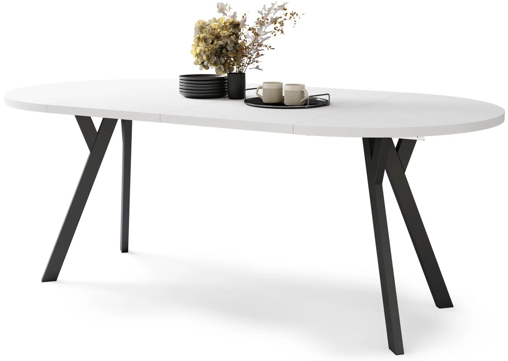 Mazzoni ALMO Alb Mat/picioare negre - MASĂ ROTUNDĂ EXTENSIBILĂ CU PICIOARE ÎN FORMĂ DE Y STIL LOFT PENTRU SALON/SUFRAGERIE