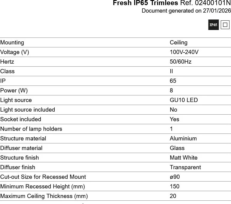 Spot incastrabil cu protectie IP65 FRESH TRIMLESS alb