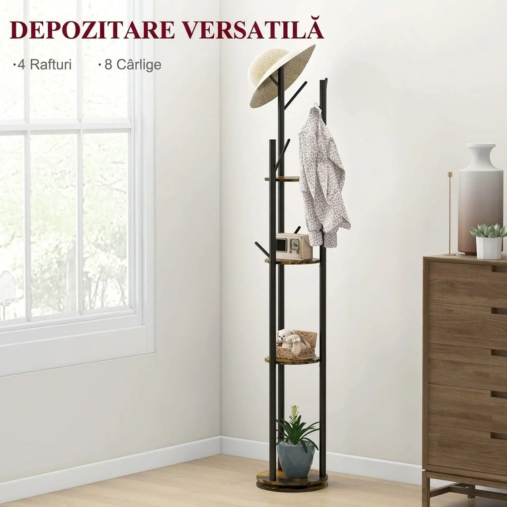 HOMCOM Suport Haine, Rotativ, cu 4 Rafturi și 8 Cârlige, stander haine pentru Hol, Dormitor, Living, 30x30x175 cm, Maro Rustic | Aosom Romania