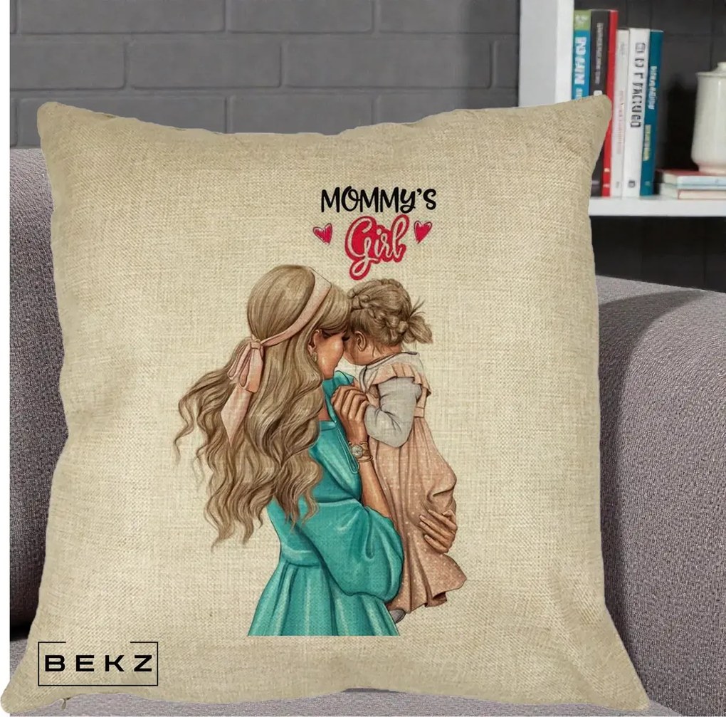 Cadou pentru Mama - Perna Personalizata Mommy's Girl Mama si Fetita, 40x40 cm, Crem, Husa Detasabila, Perna Inclusa, BEKZ®