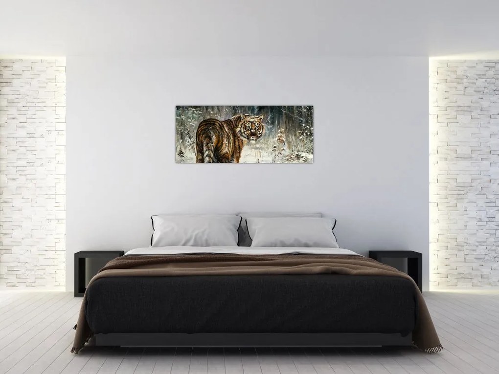 Tablou - Tigru într-o pădure înzăpezită, pictură în ulei (120x50 cm)