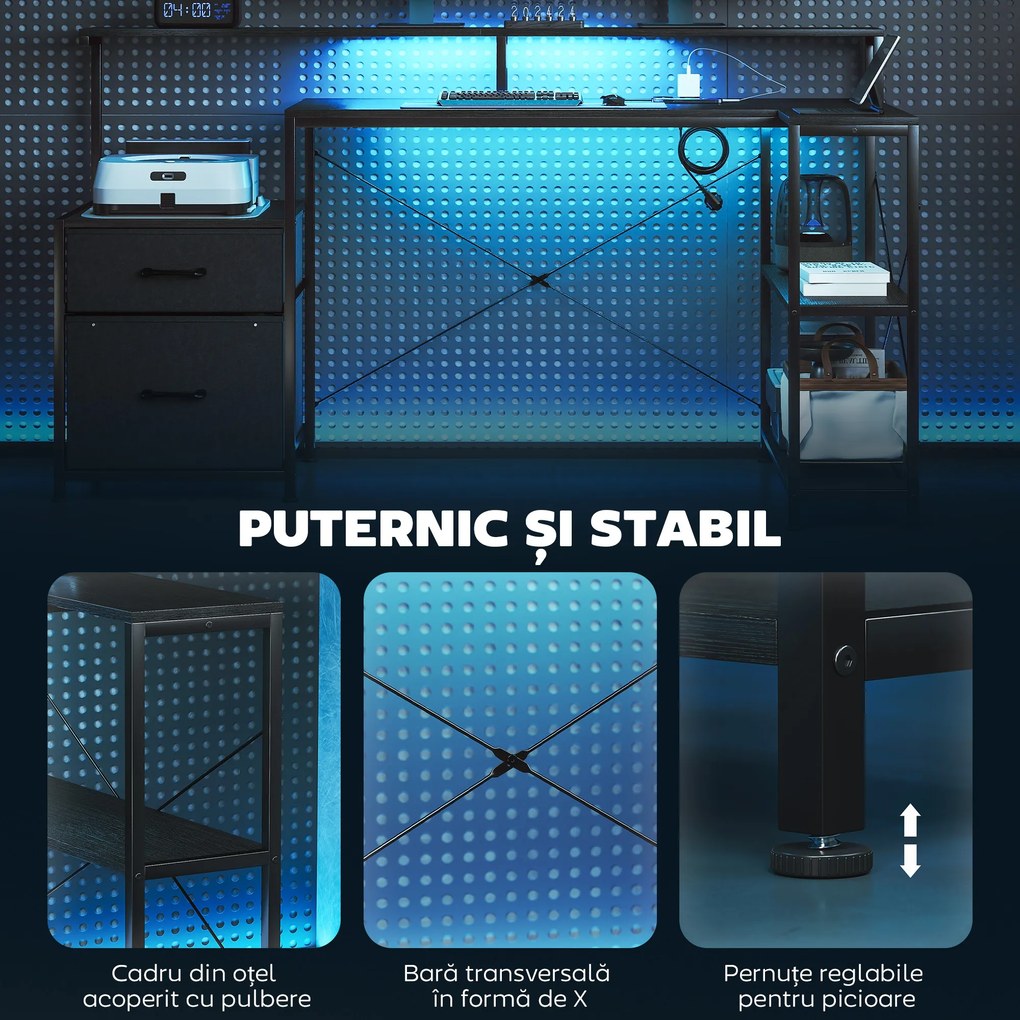 HOMCOM Birou Gaming în formă de L cu prize multiple, LED-uri, 165x80 cm, birou PC cu 2 sertare din material textil, 2 rafturi deschise, măsuță laterală și 2 suporturi monitor, din PAL și oțel, Negru | Aosom Romania