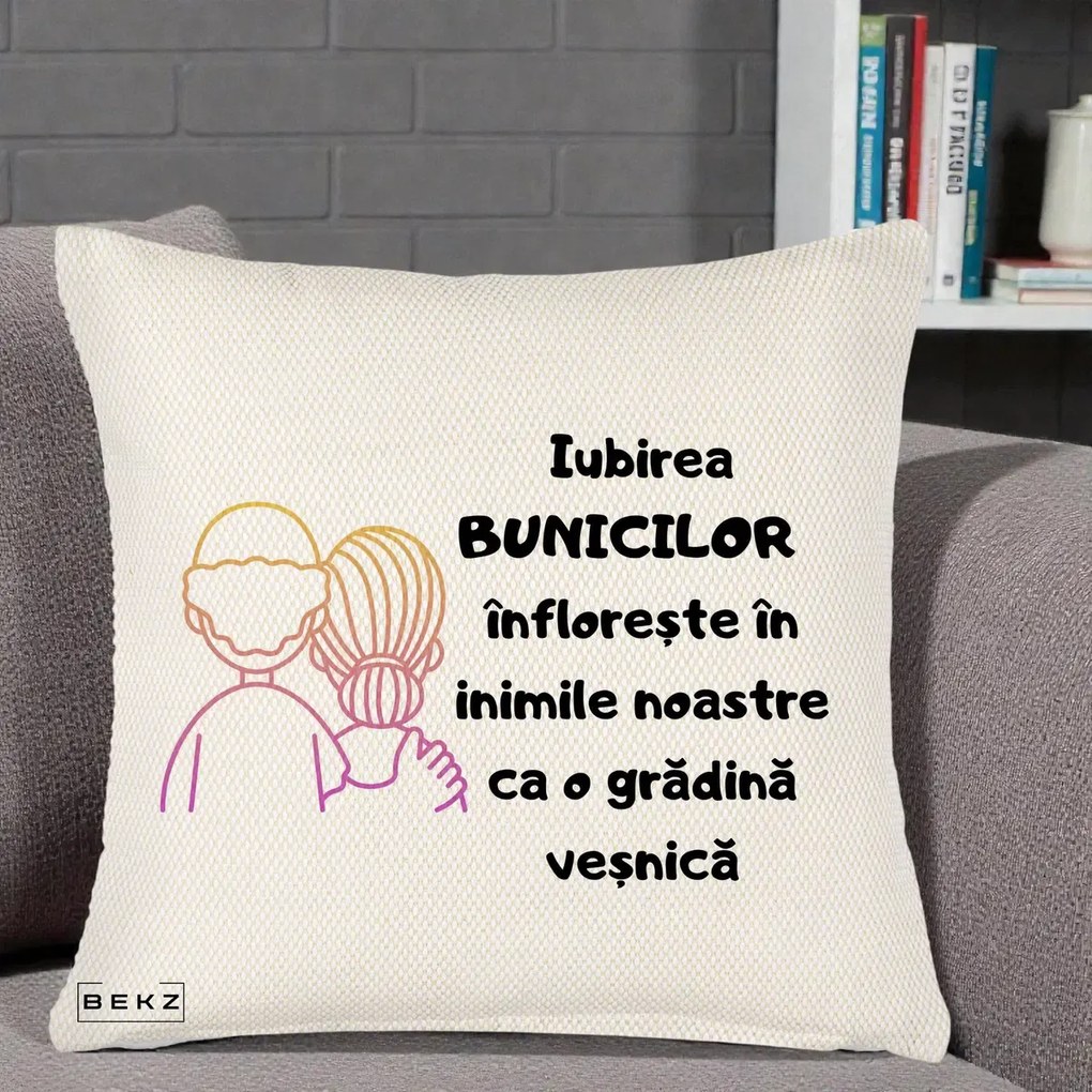 Cadou pentru Bunici - Perna Personalizata Iubirea Bunicilor Infloreste Cuplu Line Art Gradient, 40x40 cm, Crem Reliefat, Husa Detasabila, Perna Inclusa, BEKZ®