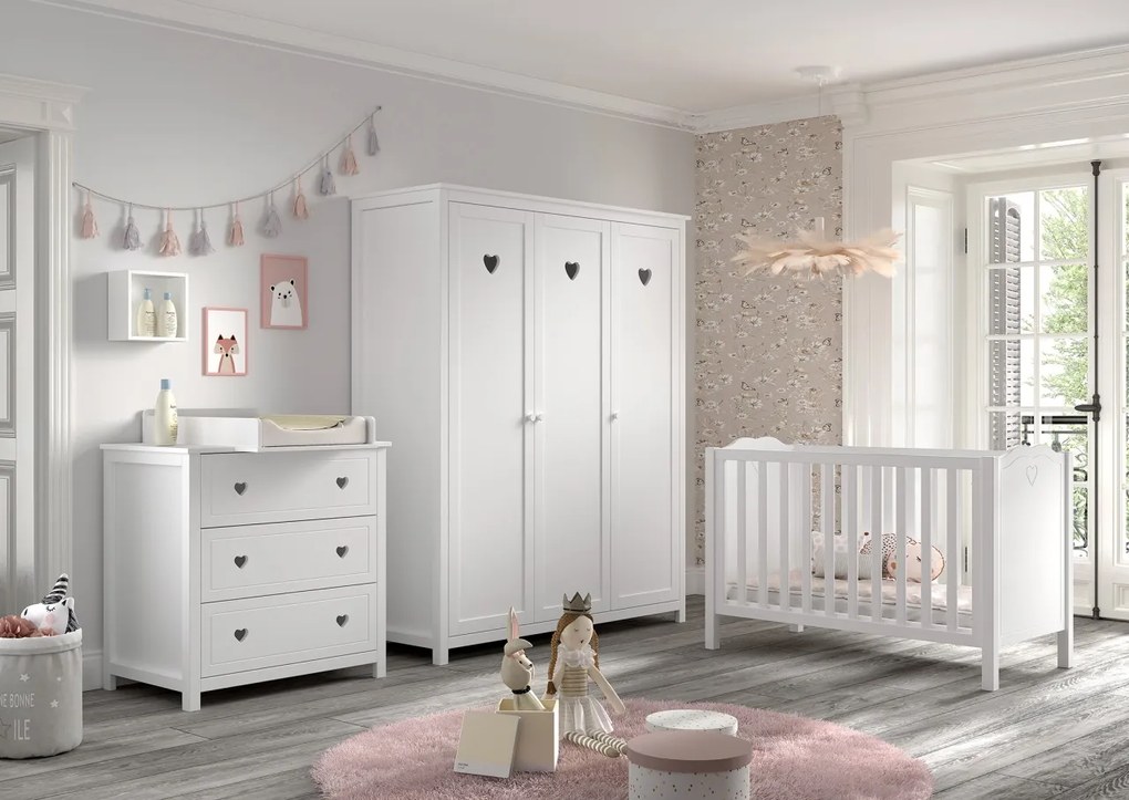 Set Mobilier Cameră Bebeluși AMORI, 3 Piese, Alb (Pin Masiv și MDF), Design Romantic – Vipack