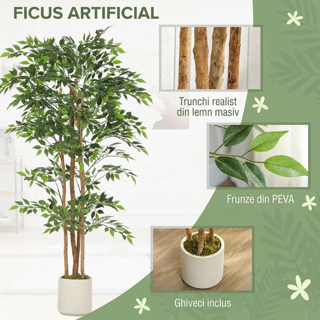 HOMCOM Plantă artificială Ficus Banyan din PEVA și lemn, cu ramuri flexibile și ghiveci din PP și ciment | Aosom Romania