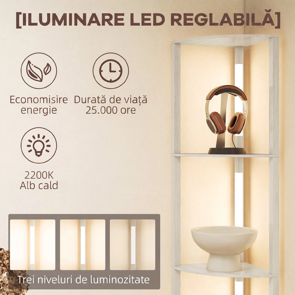 HOMCOM Lampadar Podea LED, 4 Rafturi, Lumină Reglabilă 3000K, MDF, 41x29,5x163,5 cm, Stejar | Aosom Romania