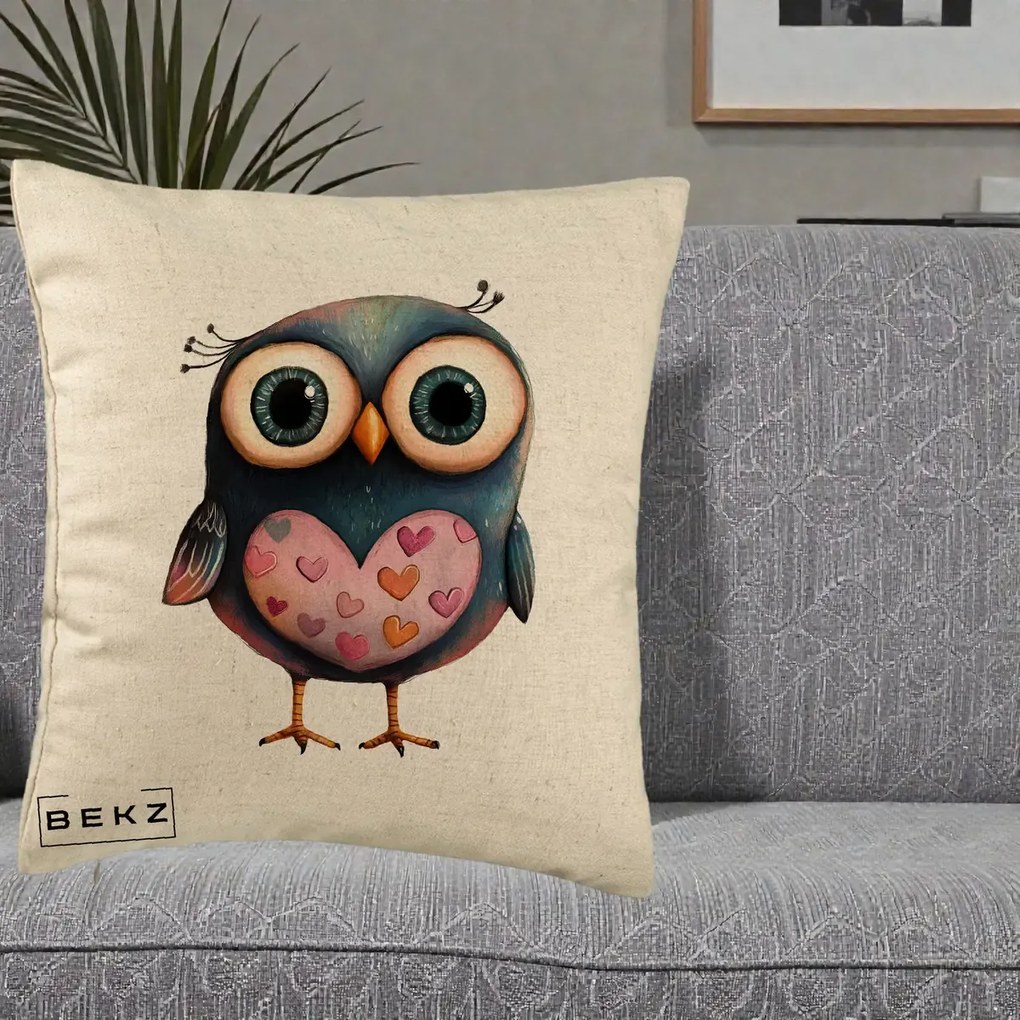 Perna Decorativa Bufnita cu Inimioare Roz, 40x40 cm, Bej, Husa Detasabila, Perna Inclusa, BEKZ®