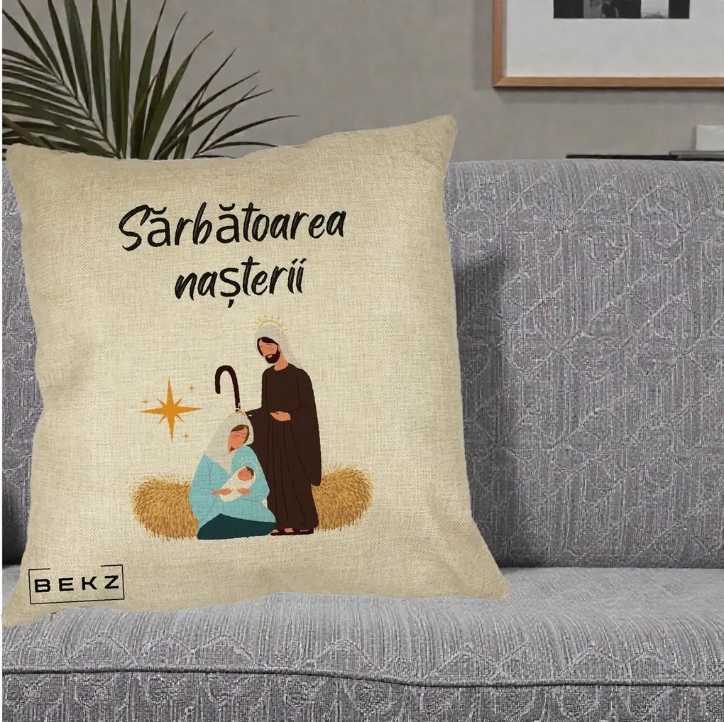 Perna Decorativa Nasterea Domnului Sfanta Familie Sarbatoarea Nasterii, 40x40 cm, Crem, Husa Detasabila, Perna Inclusa, BEKZ®