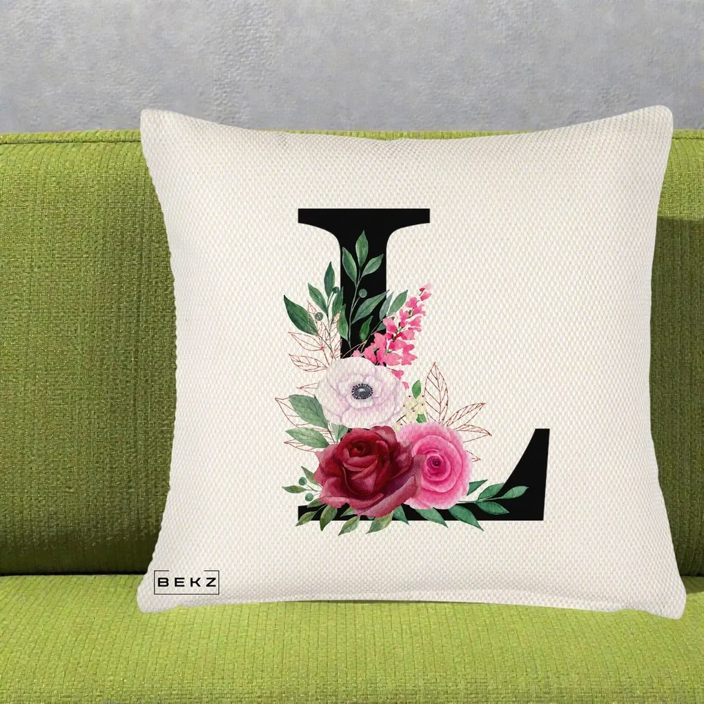 Cadou Personalizat - Perna Personalizata Monograma Florala Litera L, 40x40 cm, Crem Reliefat, Husa Detasabila, Perna Inclusa, BEKZ®
